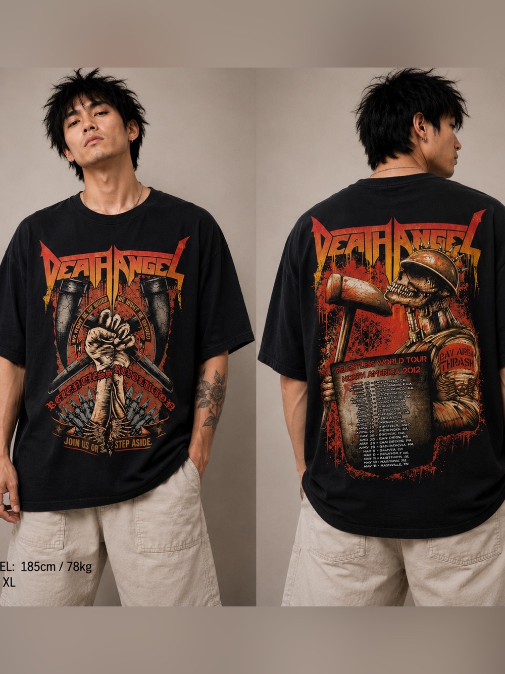 Fruit of the Loom Black Death Angel Graphic Tee with Red-Orange Print